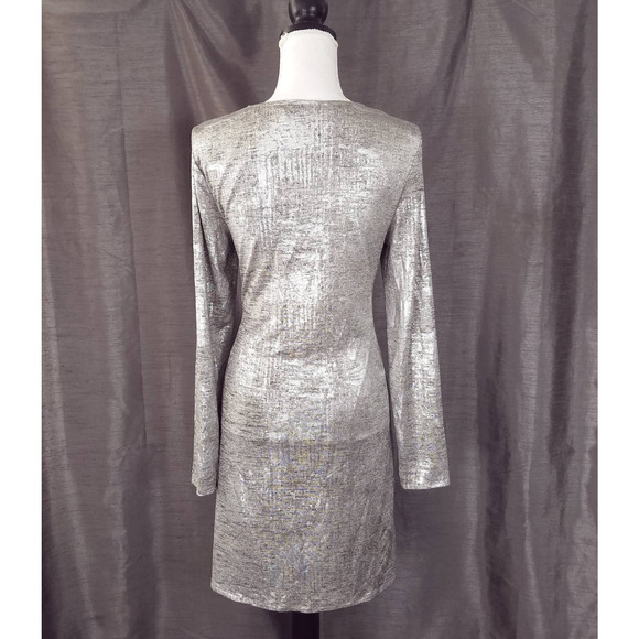 Gabrielle Union NY&CO Silver Metallic Long Sleeve Draped Dress Size Medium - Picture 4 of 5